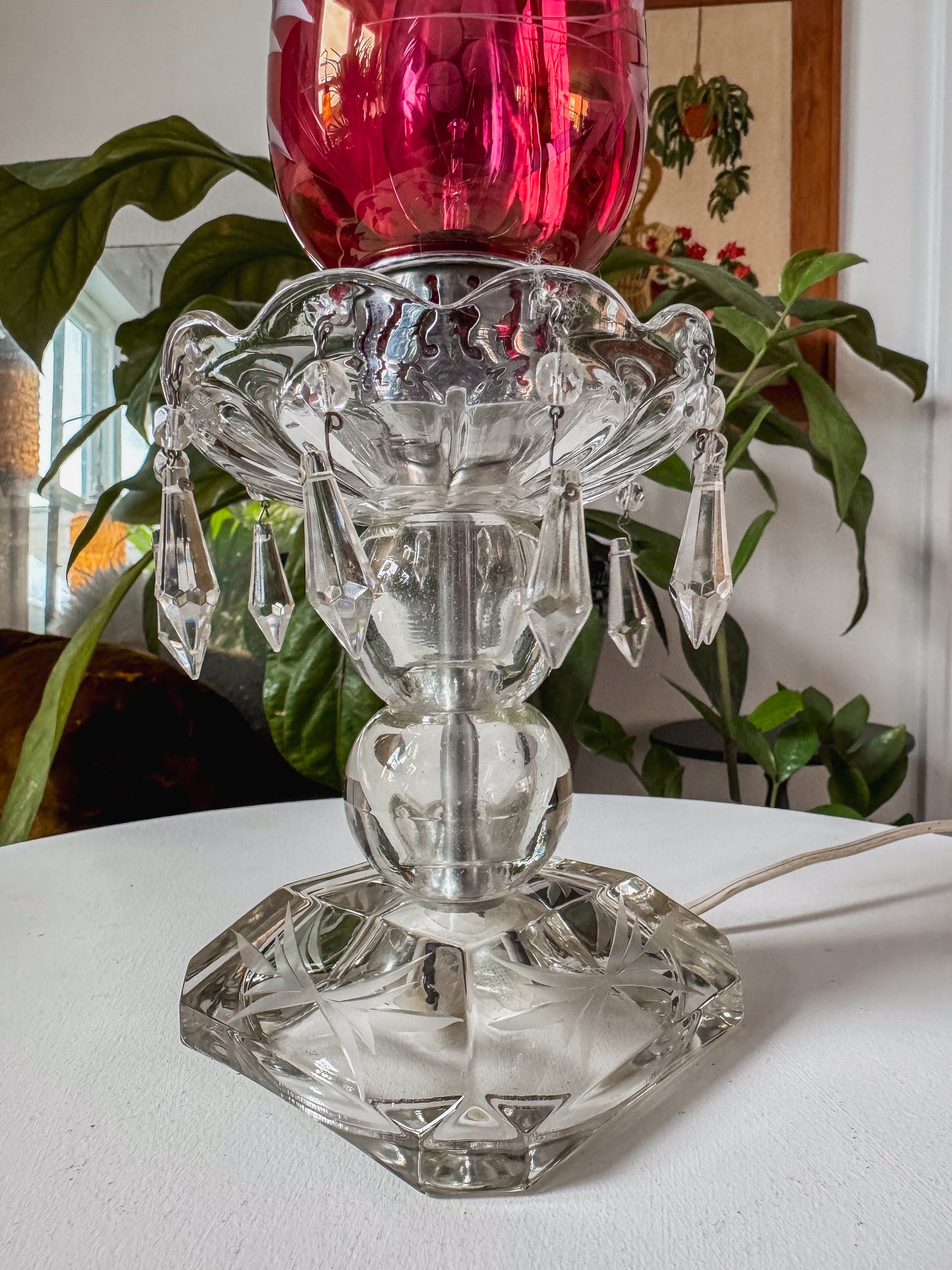 Antique Cranberry Etched Glass Boudoir Lamp