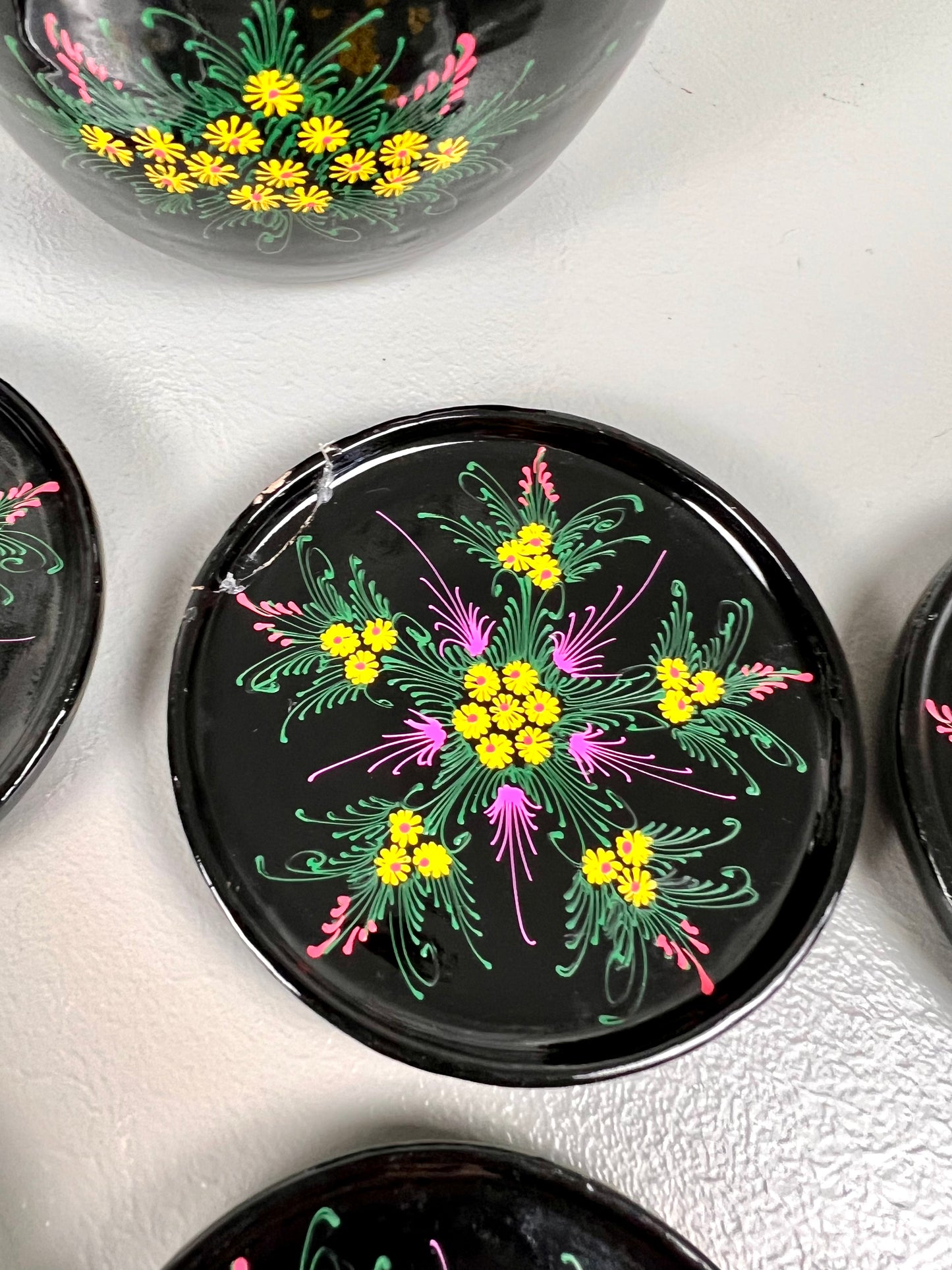 Black Floral Hand Painted Coaster Set
