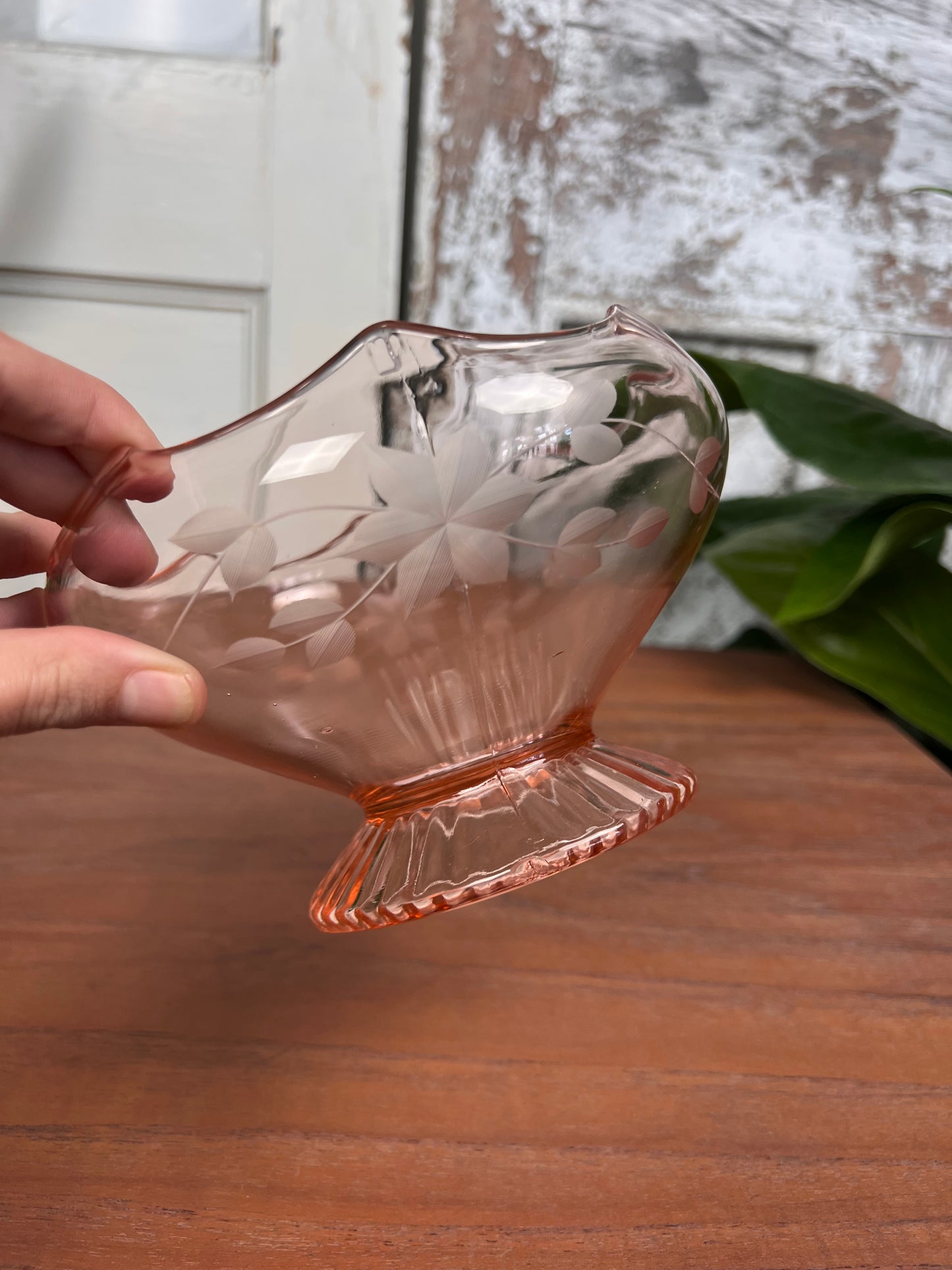 Scalloped Pink Glass Etched Floral Footed Dish